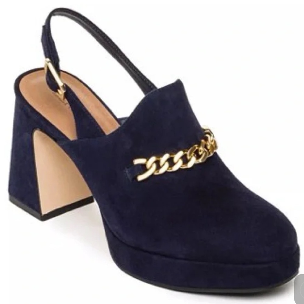 New Bernardo Napa platform sling back chain detail leather heel 7.5 navy - Picture 2 of 6